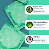 Image of three green-wrapped condoms with text in circles to the right. The text reads: "Casein Free: We remove animal byproducts that cause genital irritation and infections. Nitrosamine Free: We remove this chemical that causes cancer & long-term health effects. Odorless: Casein causes that nasty rubbery smell. When we remove it, the smell is gone! Royal Extra Large Ultra Thin Vegan Condoms
Brand Name: Royal.